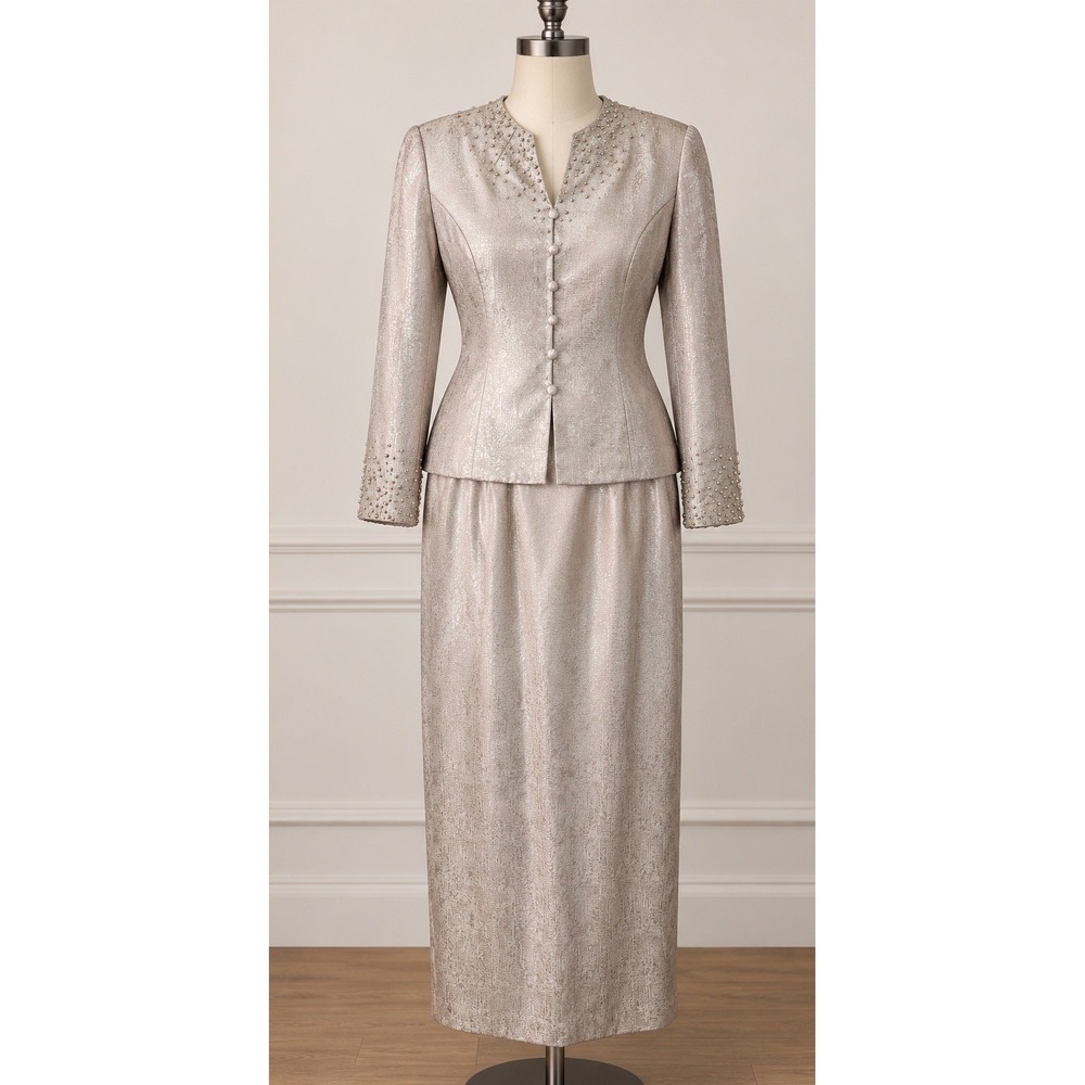 Adrianna Papell Gray Silk Suit Set Pearls Formal Elegant MOTB Formal Sz 12